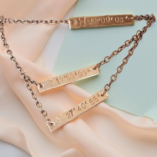 Personalized copper plaques 1 1/2 X 1/4th inch hand stamped zodiac sun sign and the degree of the sun at birth. With options of additional plaques for other family members or friends on a 16 inch, 18 inch and 20 inch (ect)  multi chained single necklace.    