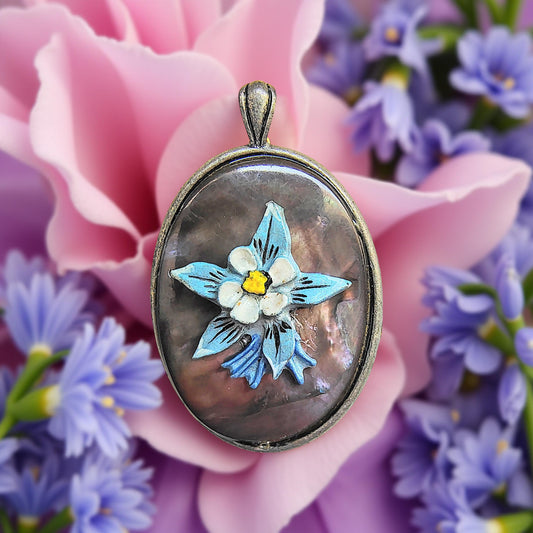 Abalone Shell Blue Flower Cameo Necklace