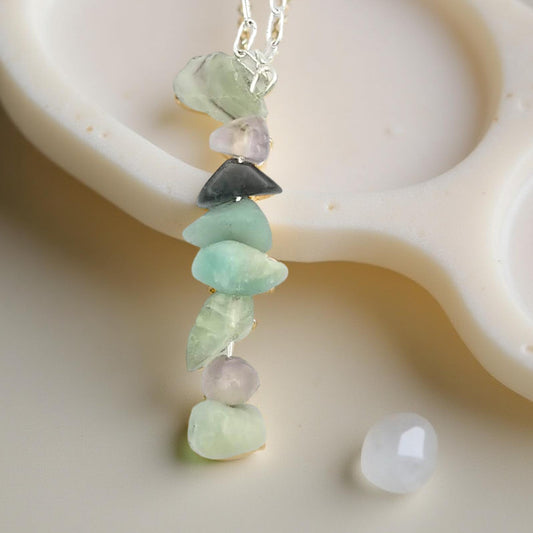Mercury Retrograde protection necklace has assorted chipped crystals including sodalite, amazonite, blue lace agate, clear quartz, and green fluorite. Hanging on a 20 inch long silver toned chain.  With the gemstones a-lined on a 2 1/4 inch drop in a random but complementary order. 