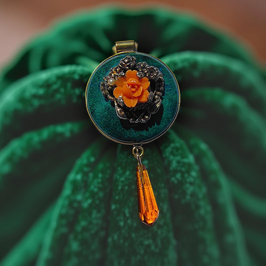 Orange Flower Cameo Pendant Necklace