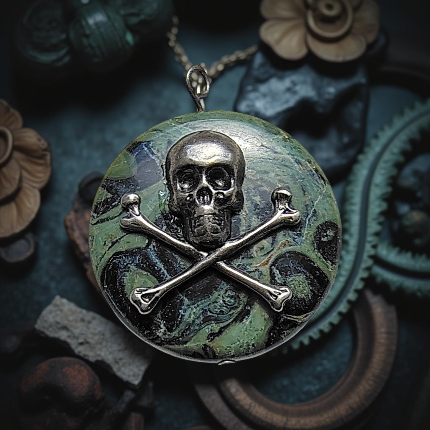 Kambaba Jasper Skull and Crossbones Necklace Pendant