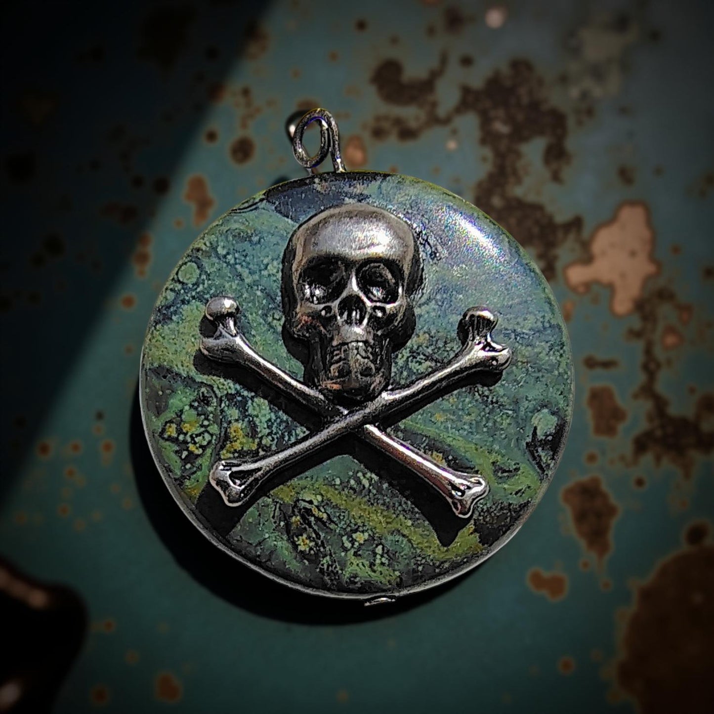 Kambaba Jasper Skull and Crossbones Necklace Pendant
