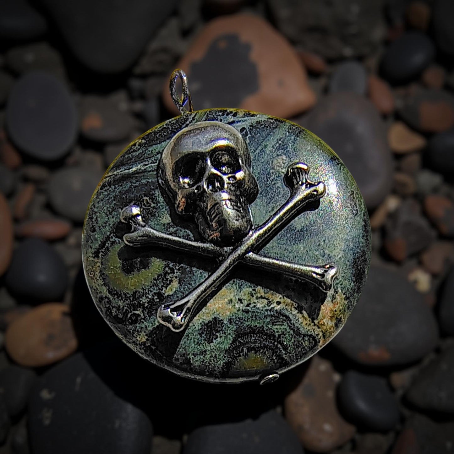 Kambaba Jasper Skull and Crossbones Necklace Pendant