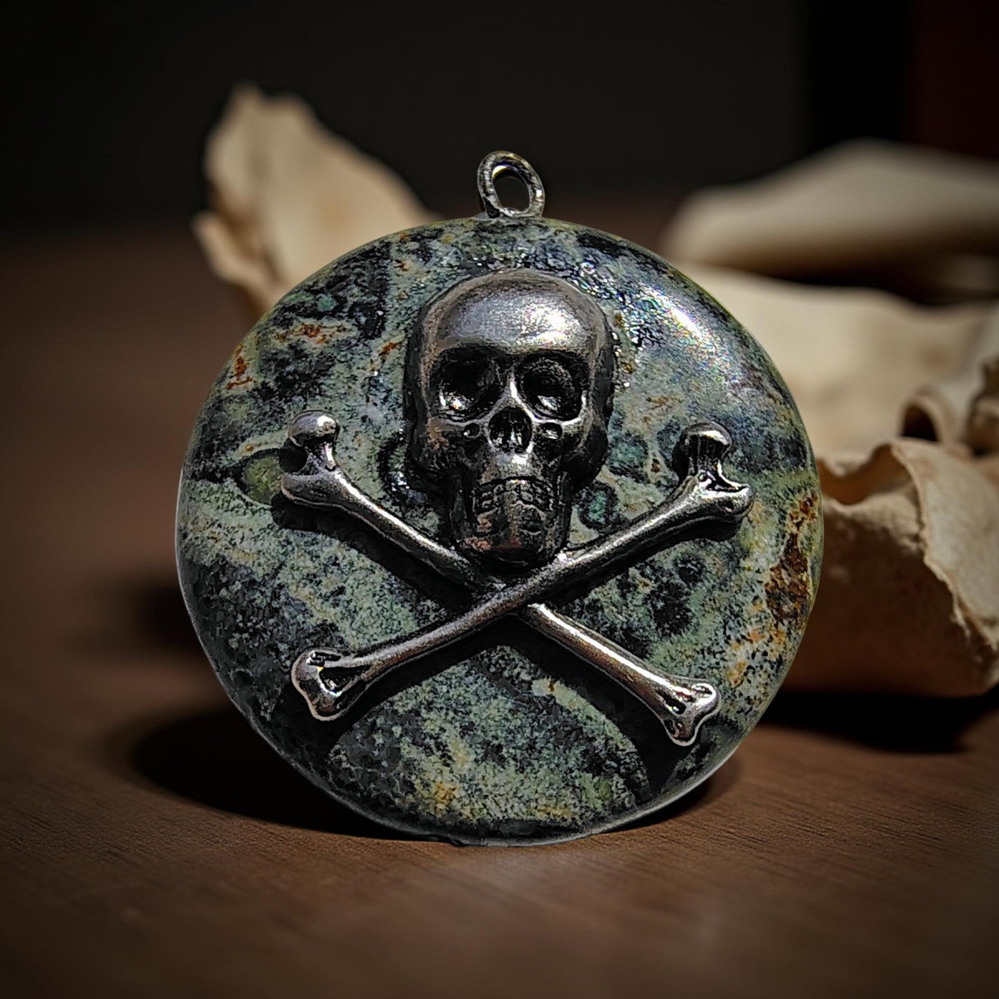 Kambaba Jasper Skull and Crossbones Necklace Pendant