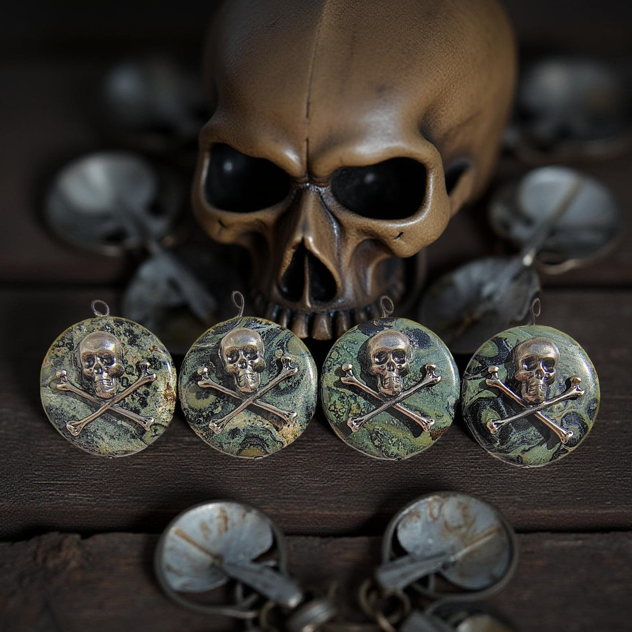 Kambaba Jasper Skull and Crossbones Necklace Pendant