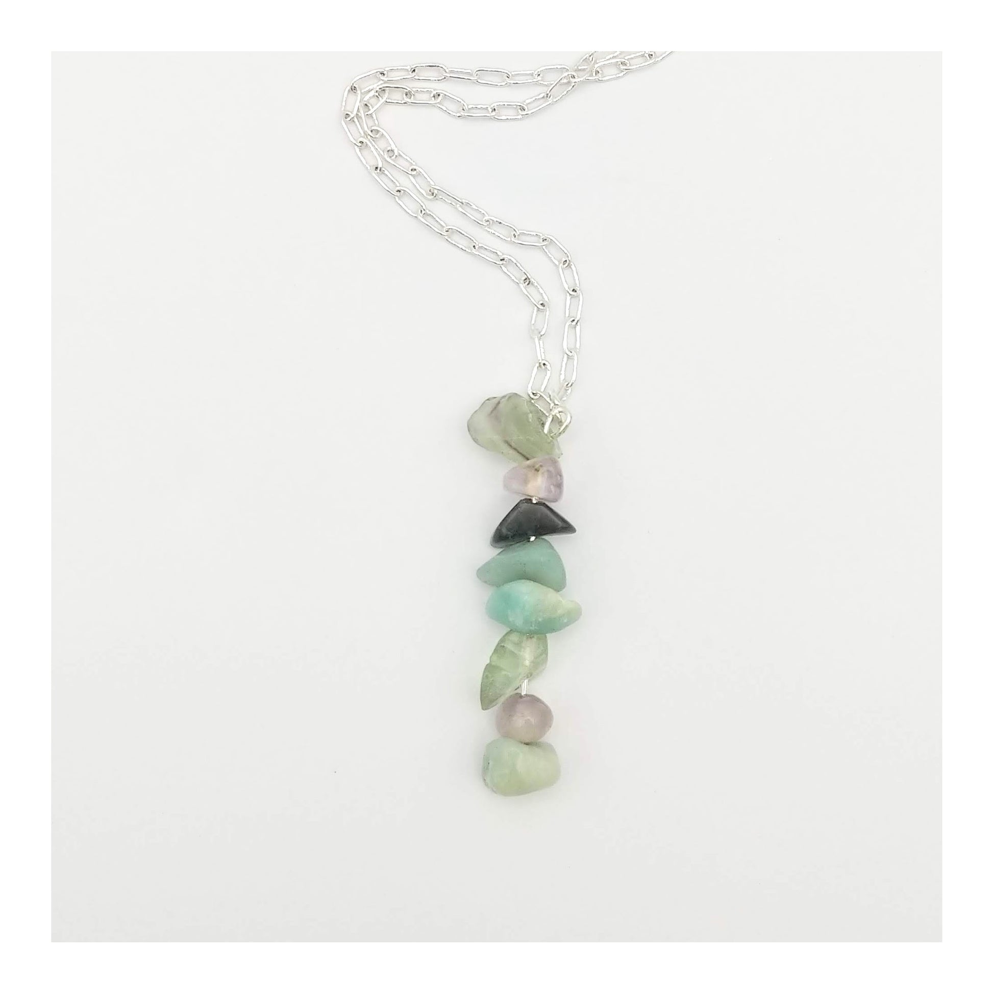 Mercury Retrograde protection necklace has assorted chipped crystals including sodalite, amazonite, blue lace agate, clear quartz, and green fluorite. Hanging on a 20 inch long silver toned chain.  With the gemstones a-lined on a 2 1/4 inch drop in a random but complementary order. 
